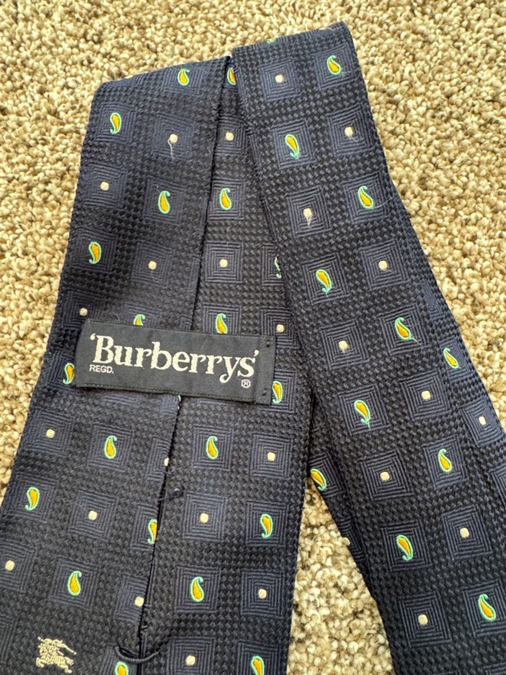 Burberrys Vintage Navy Tie with Green and Yellow Paisley Motif - Picture 2 of 3